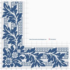 a cross stitch pattern with blue flowers and leaves on it, as well as a white background