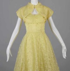 "Josh Judith Shailes S Vintage 1950s 50s Yellow Lace Party Dress Matching Bolero Jacket Cocktail VLV. Beautiful 1950's Yellow Lace Tulle Dress. This dress is lace with lots of tulle layers and a nylon under skirt. The bodice is fitted with a shelf bust ￼and boned￼￼. Gathered tulle on the bust . Yellow ribbon shoulder straps and a metal back zipper￼. This comes with a cropped lace bolero. The dress is in very good vintage condition but has a make on shoulder strap a small mark on the bolero and o Lace Tulle Dress, Lace Party Dress, Lace Bolero, Under Skirt, Lace Party Dresses, Yellow Ribbon, 80s Dress, Bolero Jacket, Yellow Lace