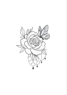 a black and white drawing of a rose with butterflies on it's wings,