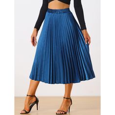 Accordion pleats enhance the dimension and movement of this midi skirt, while the metallic design underscores its sleek style. It's pleated all around for this trending midi skirt. Feel free to pair it with black block-heel sandals. Whether you're dressing up or down, this skirt is perfect for any occasion. A casual and simple style, never out of fashion, is a must-have item in your wardrobe. This fashionable and trendy clothes for women can not only be worn daily, but can also be easily matched Pleated Knee-length Evening Bottoms, Knee-length Pleated Bottoms For Evening, Chic Blue Accordion Pleated Skirt, Elegant Blue Pleated Skirt With Accordion Pleats, Knee-length Party Skirt With Pleated Waist, Party Skirt With Pleated Waist In Midi Length, Blue Pleated Midi-length Skirt, Pleated Midi Skirt For Party, Pleated Midi-length Bottoms For Night Out