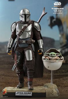 the action figure is displayed in front of a star wars poster with an image of baby yo