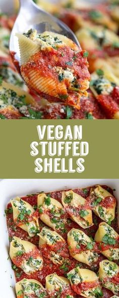 vegan stuffed shells in a casserole dish with sauce and parmesan cheese