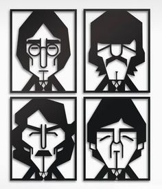 four black and white paper cut art pieces depicting three men with different facial expressions, one in