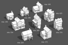 a bunch of small white houses on a gray background with numbers in front of them