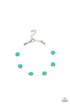 Bright turquoise blue flowers circle around a white beaded bracelet for a crafty summer camp vibe. Features an adjustable clasp closure. Sold as one individual bracelet. P9SE-BLXX-360XX Adjustable Blue Summer Bracelet, Cheap Flower-shaped Bracelets For Vacation, Bohemian Blue Flower Bracelets, Flower-shaped Colorful Beads Bracelet For Beach, Blue Flower-shaped Jewelry With Spacer Beads, Power Bracelet, Flower Circle, Turquoise Bead Bracelet, Purple Pearl