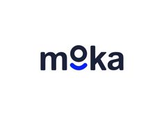 the word moka is written in black on a white background with a blue smiley face