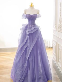 A-Line Off Shoulder Tulle Lace Purple Long Prom Dress, Purple Lace Long Formal Dress Prom Dress Purple, Purple Dresses Formal, Off Shoulder Tulle, Lavender Prom Dresses, Purple Evening Dress, Full Tulle Skirt, Long Formal Dress, Tulle Evening Dress, Custom Size Dresses