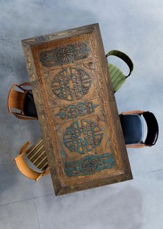 an overhead view of a wooden table with chairs around it