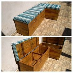 two pictures of a bench made out of wooden crates