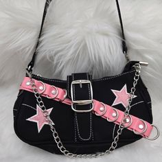 Nwot Y2k Black And Pink Star Studded Chain Mini Purse Zipper With A Buckle Snap One Inside Zip Pocket Measures 9 1/2 Length X 5 Tall X 2 Wide. Very Cute And Trendy. Non Smoking Home 2000s Purse, Y2k Bags, Kids Purse, Chain Purse, Buckle Bags, Pink Star, Scene Kids, Mini Handbag, Phone Purse