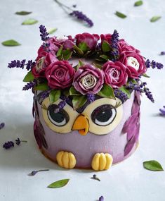 an owl cake decorated with flowers and leaves