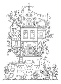 a drawing of a house with flowers and plants on the roof, in black and white