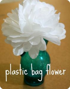 a green vase filled with white flowers on top of a wooden table next to a sign that says plastic bag flower