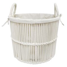 a white wicker basket with handles and roped ends on an isolated white background