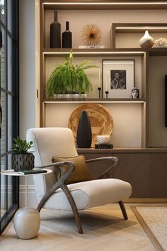 a living room filled with lots of furniture and plants on top of bookshelves