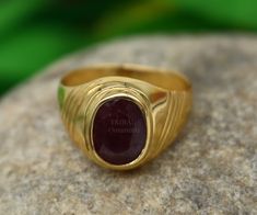 18karat yellow gold gorgeous ruby stone (manak stone) handmade tribal ring band jewelry, best astrological gift for unisex. weight-7.100 grams approx. metal-yellow gold. metal purity- 18 karat. brand-handmade. Stone-ruby stone(manak stone) hallmarked- 916- stamp. size-select size. weight of ring may be increase or decrease according to size. Handmade Gold Ring, Astrology Gift, Ring Stone, Band Jewelry, Ruby Stone, Rajasthan India, Unisex Jewelry, Ring Band, Rings Statement