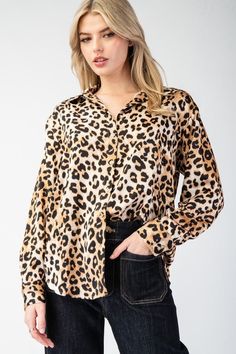 Unleash your wild side with our Leopard Printed Button Front Blouse Top. Show off your fierce style with this playful top that is perfect for any occasion. With a button front and stylish leopard print, this top will take your outfit to the next level. Upgrade your wardrobe today! Fabric contents: -100% Polyester Dressy Blouse, Form Fitting Dress, How To Hem Pants, Loungewear Sets, Curvy Outfits, Long Blouse, Staple Pieces, Blouse Top, Western Fashion