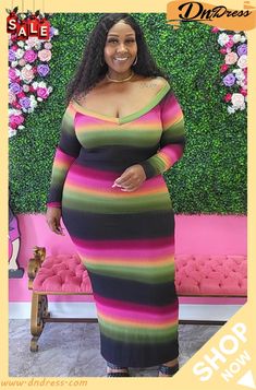 Fall Plus Size Print Stripes Long Bodycon Dress Multicolor V-neck Bodycon Dress, Multicolor Long Sleeve Bodycon Dresses, Multicolor Bodycon Dress With Long Sleeves, Chic Multicolor V-neck Bodycon Dress, Multicolor Bodycon Long Sleeve Dresses, Fall Plus Size, Long Bodycon Dress, Trendy Fashion Outfits, Curvy Girl Outfits