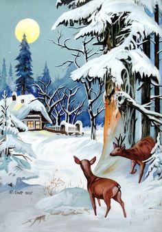 a painting of two deer in the snow by a tree with a house on it