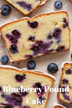 slices of blueberry pound cake with white frosting and fresh blueberries on top