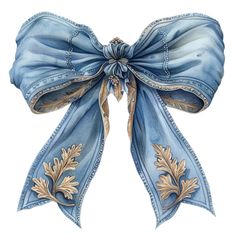 a blue and gold bow with leaves on the front, tied to it's side