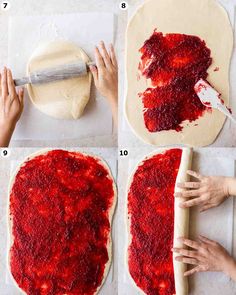 the process of making homemade pizzas with red sauce and dough being spread on them