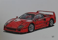 a drawing of a red sports car on a white paper with colored pencils in it