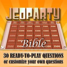 the jeopa party bible game is shown in gold and red with an orange background