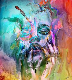 an abstract painting of a woman's face and hands