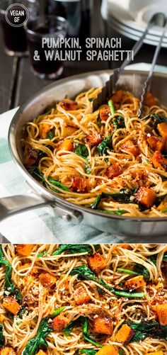 two pictures of spaghetti and vegetables in a pan