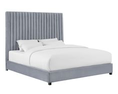 an upholstered bed with white sheets and grey headboard, on a white background