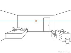 a line drawing of a bedroom with a bed and desk