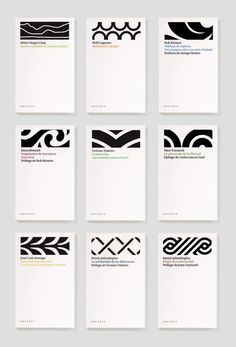 six different business cards with black and white designs