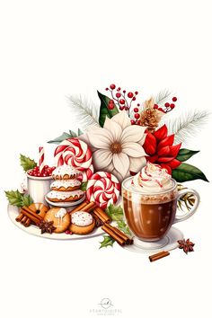 a cup of hot chocolate with marshmallows, holly and candy canes