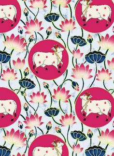 a cow is standing in the middle of flowers and leaves on a blue background with pink circles