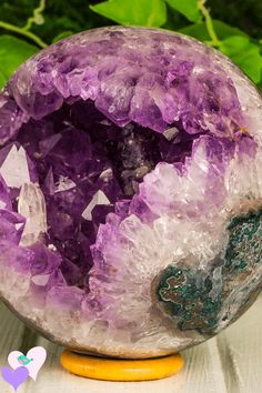 a large purple crystal ball sitting on top of a wooden stand next to a plant