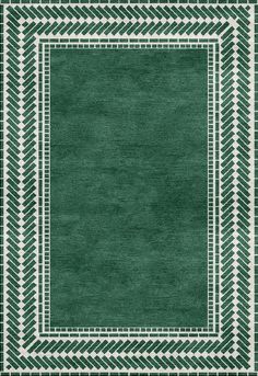 a green area rug with an intricate border in the shape of a rectangle frame