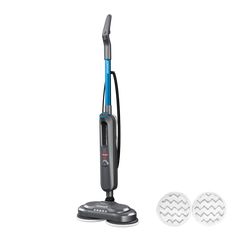 the vacuum is next to two cleaning pads on a white background with blue trimming