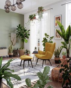 a living room filled with lots of green plants and potted plants on top of a rug