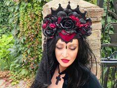 Handmade gothic crown with burgundy and black flowers with a veil. The headpiece is ideal for the image of the black queen, the goddess for the Halloween party, festival, photo shoot, Gothic wedding. The size of this headdress is universal for adult person. It sits soft and comfortable on the head and you can dance and move a long time. 100% designed and handmade by our designers ( SETA Design studio in Kyiv). It will be securely packed in a box. Feel free to contact us if you have any questions Black Structured Crown Headpiece For Festival, Gothic Round Crown Headpiece For Halloween, Gothic Halloween Headpiece With Round Crown, Black Fantasy Headpiece With Structured Crown, Gothic Black Headpiece With Structured Crown, Black Tall Crown Headpiece For Festival, Black Tall Crown For Festival, Festival Tall Crown Black Headpieces, Black Fantasy Headpiece With Tall Crown