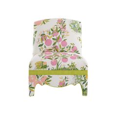 an upholstered chair with pink flowers and green trim