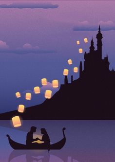 a couple in a boat with paper lanterns floating on the water at night, near a castle