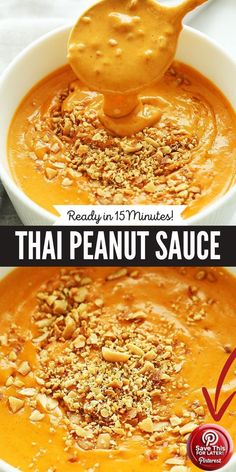 a spoon full of peanut sauce with the words ready in 15 minutes thai peanut sauce