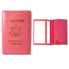 a pink passport case sitting next to an opened passport holder with the united states of america printed on it