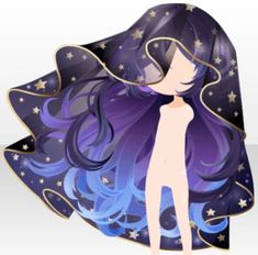 a woman with long purple hair and stars on her head