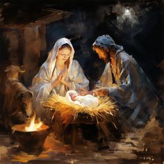 a painting of two women and a baby in a manger scene