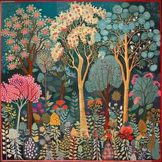 a painting with many trees and flowers on it's sides, all in different colors