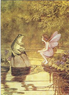 a fairy sitting on top of a rock next to a frog in the water with its wings outstretched