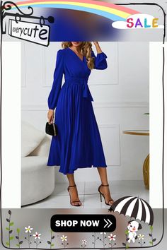 Blue V Neck Pleated Long Sleeve Dress with Belt Blue Solid Color Evening Midi Dress, Blue Belted V-neck Maxi Dress, Blue Belted Maxi Dress For Party, Blue V-neck Midi Dress Solid Color, Blue Solid Color Dress For Date Night, Blue Solid Color Midi Dress For Day Out, Blue Solid Color Maxi Dress For Fall, Blue Long Sleeve Pleated Midi Dress, Blue Pleated Long Sleeve Midi Dress