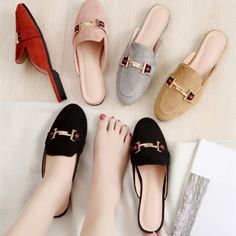 Women Replica Shoes With Seam Retro Round Toe Flock Flat Slides Summer Gold Metal Slippers Wide Fits Earrings Dangle Simple, Bride Earrings, Slippers Women, Women's Mules, Slip On Mules, Platform Slippers, Birthday Jewelry Gift, Gucci Mules, Girls Earrings